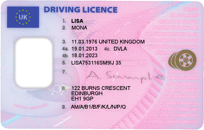 Front of licence